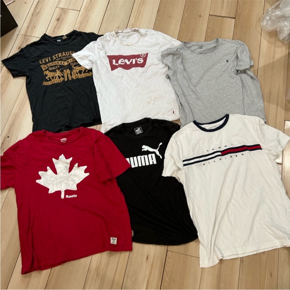 6 Mixed Brand Graphic Tee Bundle - Levi's, Puma, Roots (Black, White, Gray, Red)
